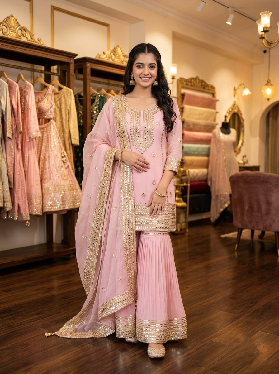 Gulabi Noor - Girls Mirror Work Sharara Suit
