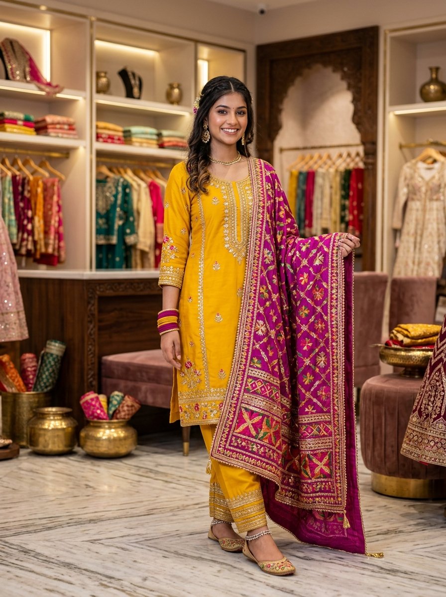 Kesariya Phulkari - Girls Punjabi Salwar Suit