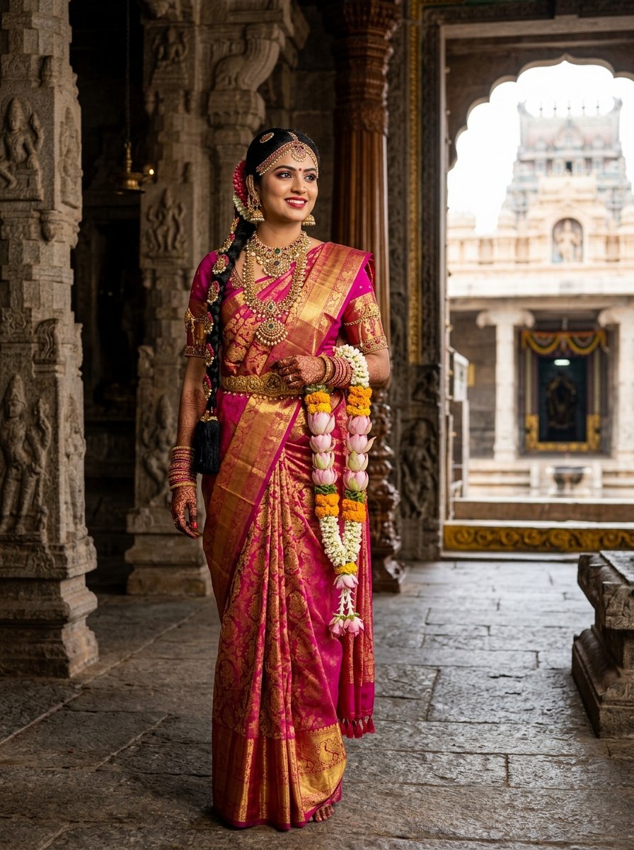 Mayuri - Rani Pink Temple Zari Kanjivaram Silk Saree